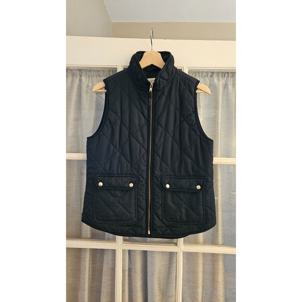 J Crew Quilted Vest Womens Small Black Gold Zip Pockets Insulated Puffer Jacket